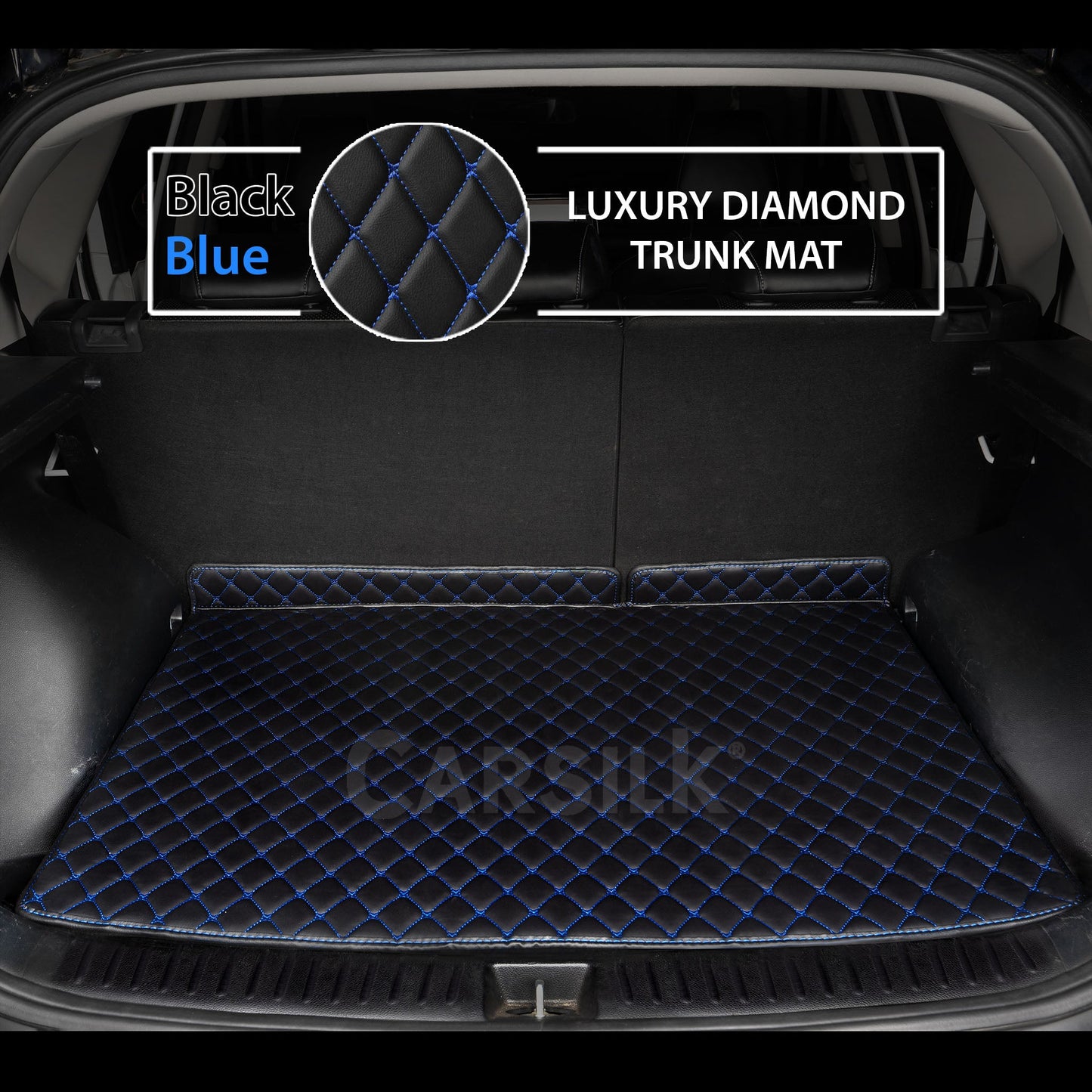 BLACK & BLUE STITCHING DIAMOND LUXURY TRUNK CAR MATS SET - Carsilks