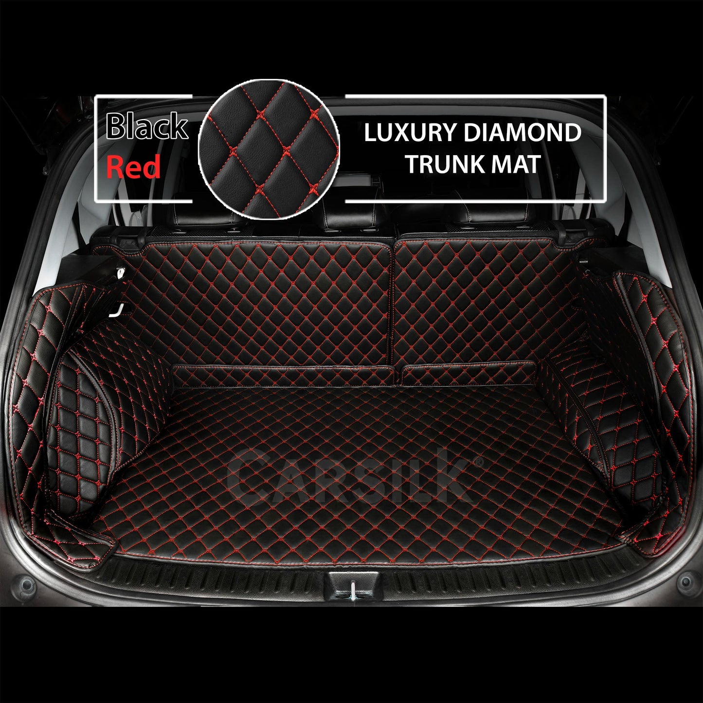 BLACK RED STITCHING 3D DIAMOND LUXURY TRUNK CAR MATS SET - Carsilks