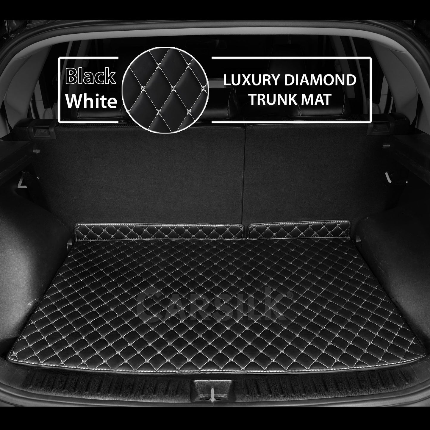 BLACK & WHITE STITCHING DIAMOND LUXURY TRUNK CAR MATS SET - Carsilks