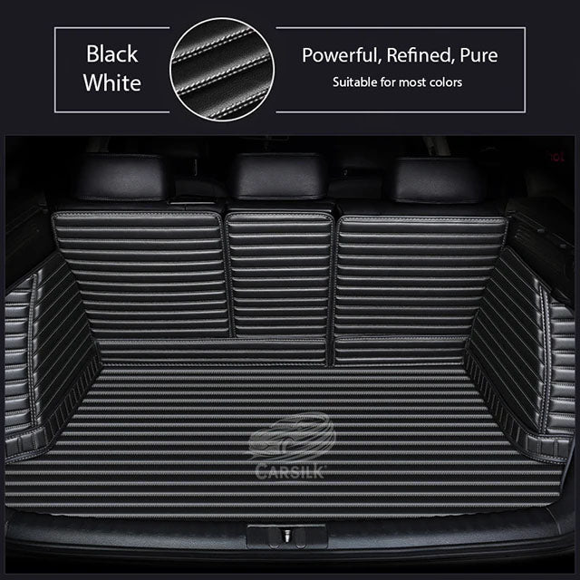 BLACK WHITE STITCHING 3D STRIPE LUXURY TRUNK CAR MATS SET - Carsilks