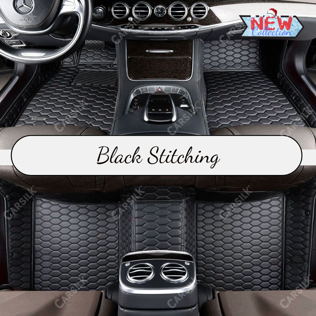 BLACK & BLACK STITCHING HONEY COMB LUXURY CAR MATS SET - Carsilks 