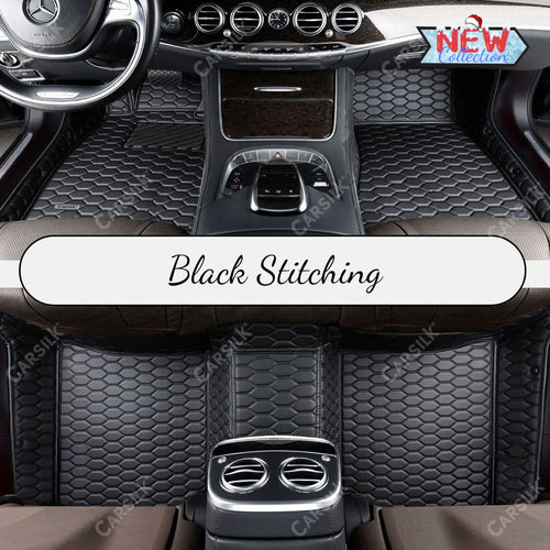 BLACK & BLACK STITCHING HONEY COMB LUXURY CAR MATS SET - Carsilks 