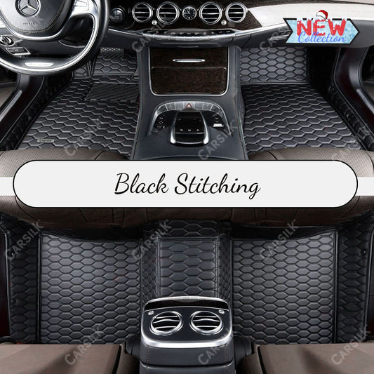 BLACK & BLACK STITCHING HONEY COMB LUXURY CAR MATS SET - Carsilks 