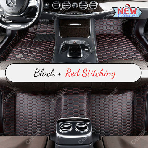BLACK & RED STITCHING HONEY COMB LUXURY CAR MATS SET - Carsilks 