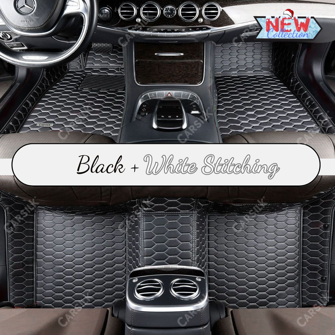 BLACK & WHITE STITCHING HONEY COMB LUXURY CAR MATS SET - Carsilks 