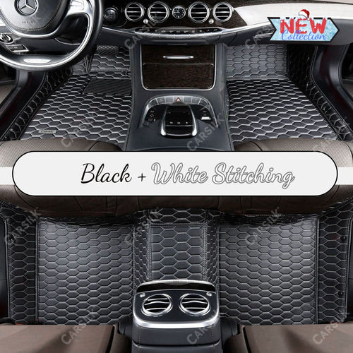 BLACK & WHITE STITCHING HONEY COMB LUXURY CAR MATS SET - Carsilks 