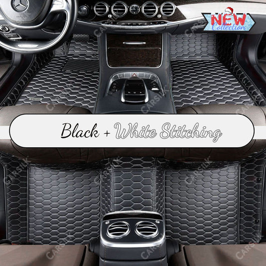 BLACK & WHITE STITCHING HONEY COMB LUXURY CAR MATS SET - Carsilks 