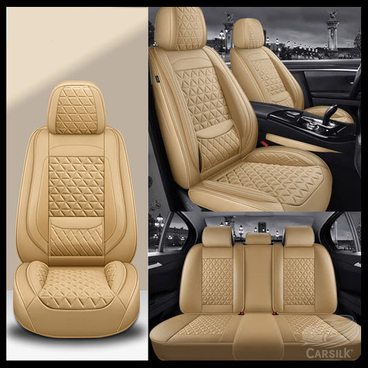 Beige Breathable Waterproof Diamond Pattern Leather Seat Cover for Cars - Carsilks 