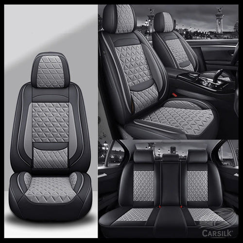 Black & Grey Breathable Waterproof Diamond Pattern Leather Seat Cover for Cars - Carsilks 