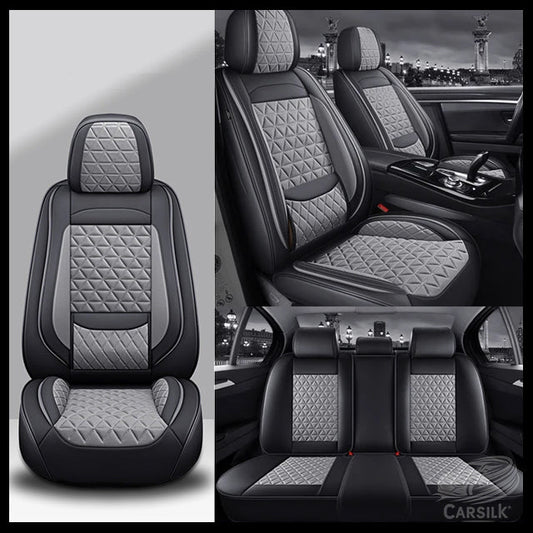 Black & Grey Breathable Waterproof Diamond Pattern Leather Seat Cover for Cars - Carsilks 