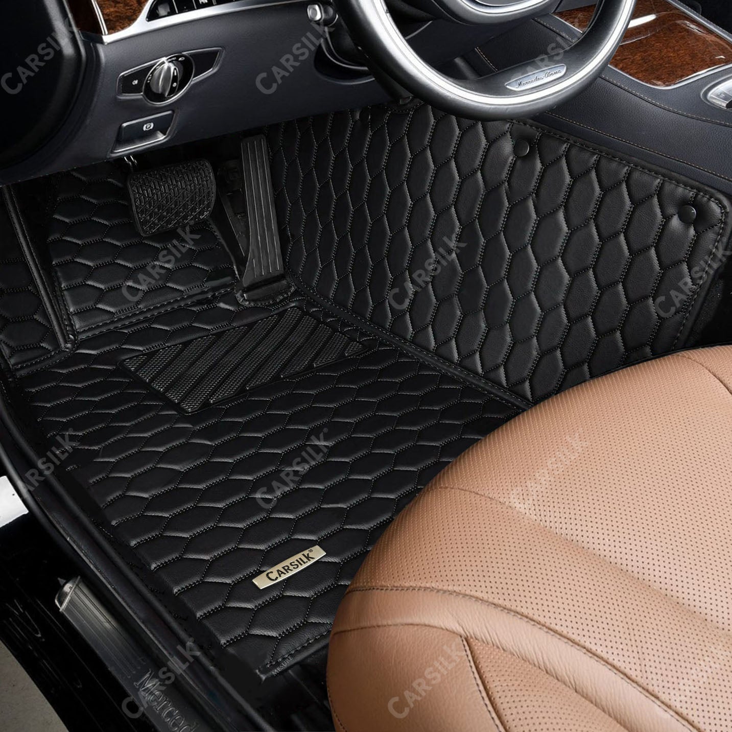 BLACK & BLACK STITCHING HONEY COMB LUXURY CAR MATS SET - Carsilks 