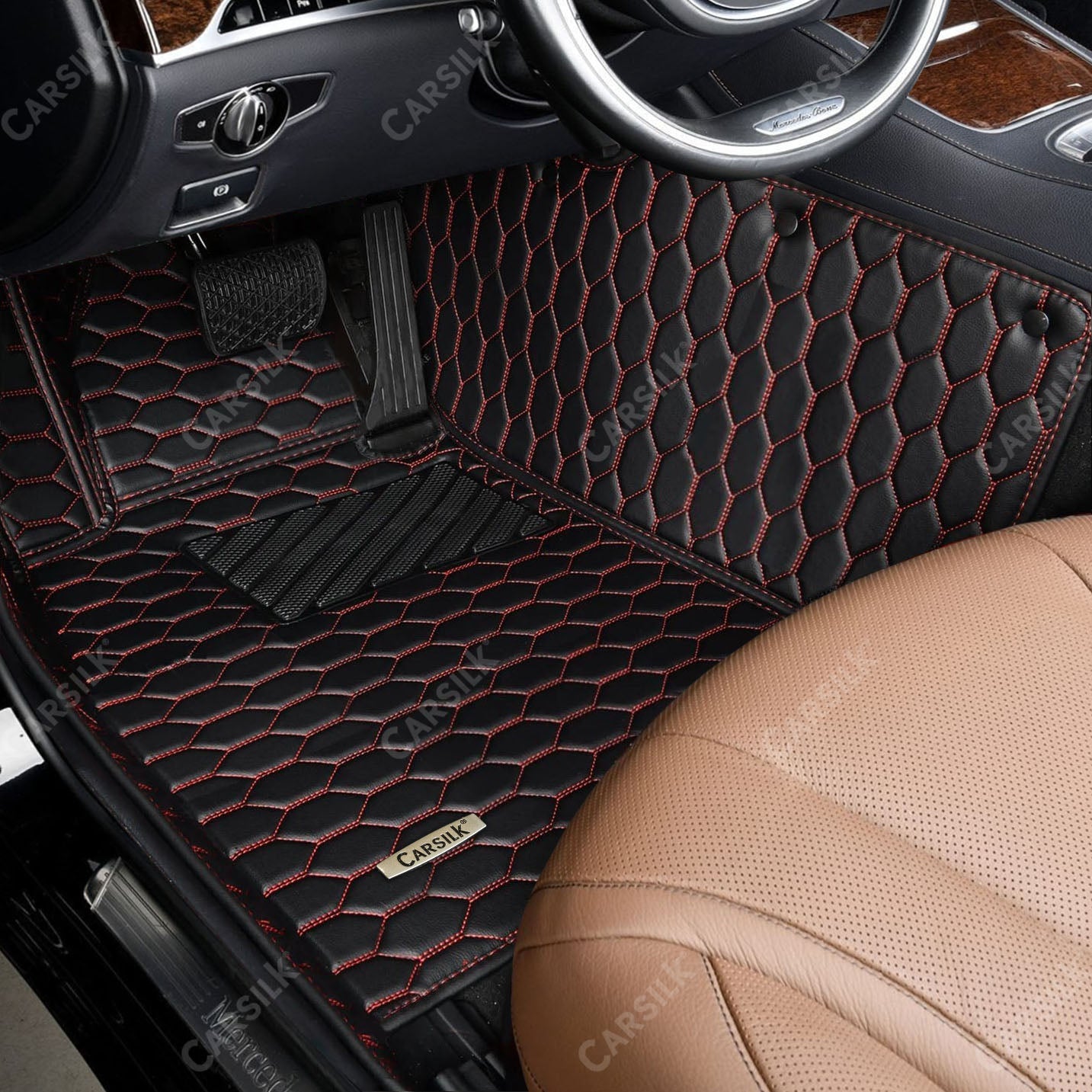 BLACK & RED STITCHING HONEY COMB LUXURY CAR MATS SET - Carsilks 