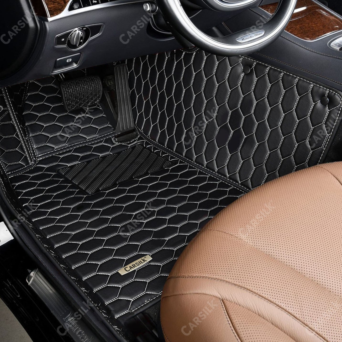 BLACK & WHITE STITCHING HONEY COMB LUXURY CAR MATS SET - Carsilks 