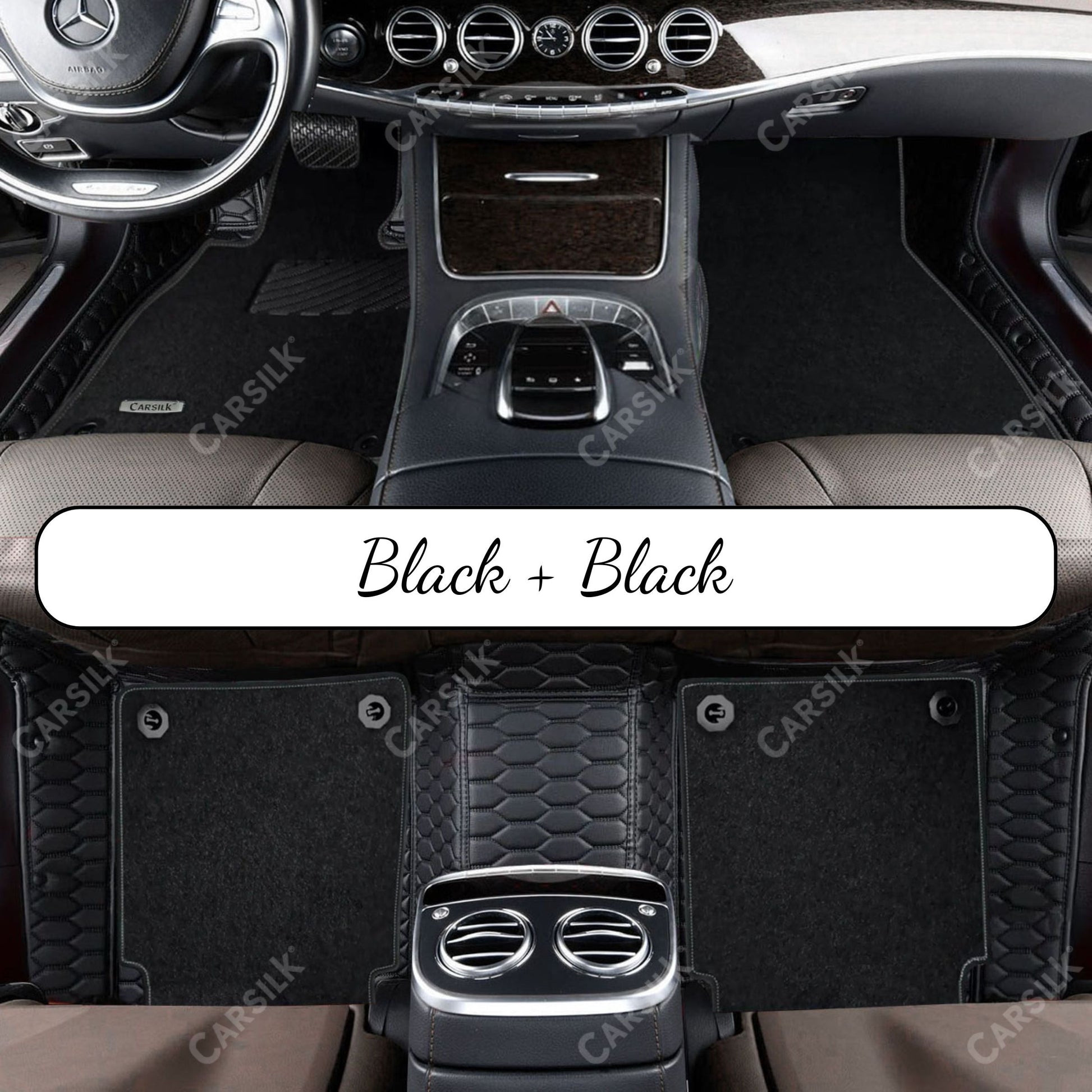 BLACK & BLACK STITCHING HONEYCOMB BASE WITH BLACK TOP CARPET DOUBLE LAYER CAR MAT SET - Carsilks 
