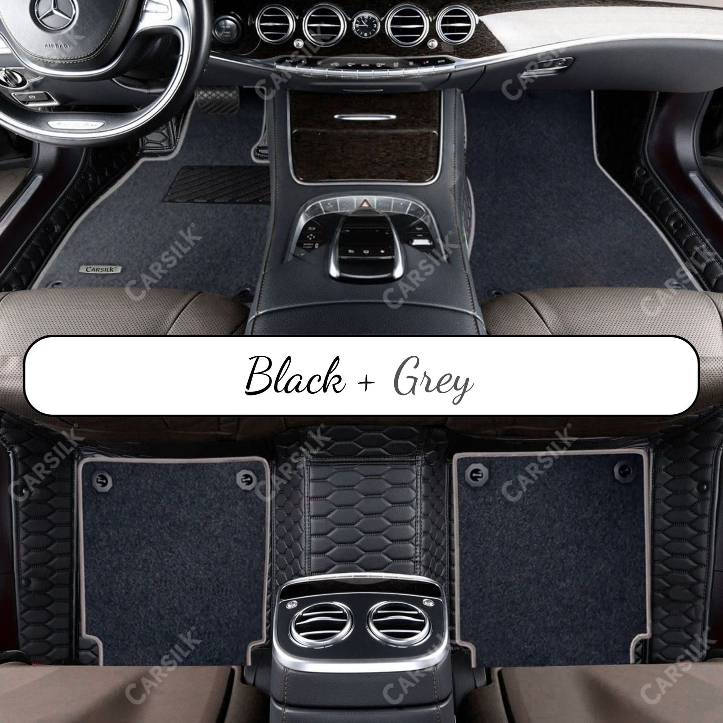 BLACK & BLACK STITCHING HONEYCOMB BASE WITH BLACK TOP CARPET DOUBLE LAYER CAR MAT SET - Carsilks 