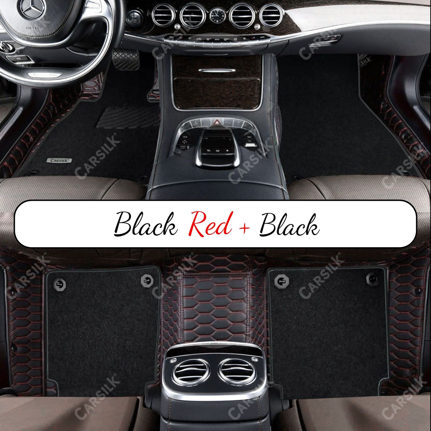BLACK & RED STITCHING HONEYCOMB BASE WITH BLACK TOP CARPET DOUBLE LAYER CAR MAT SET - Carsilks 