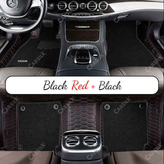 BLACK & RED STITCHING HONEYCOMB BASE WITH BLACK TOP CARPET DOUBLE LAYER CAR MAT SET - Carsilks 