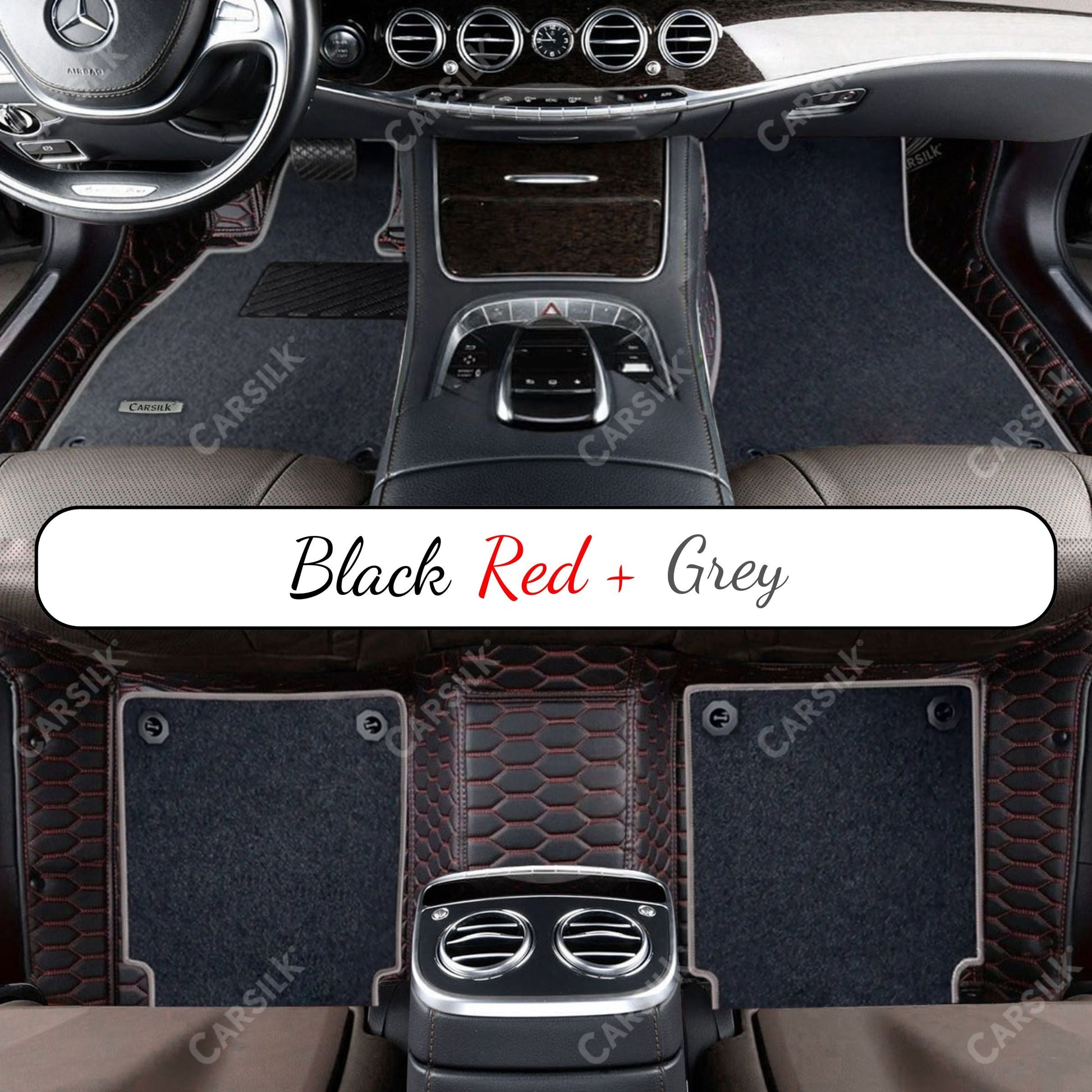 BLACK & RED STITCHING HONEYCOMB BASE WITH BLACK TOP CARPET DOUBLE LAYER CAR MAT SET - Carsilks 