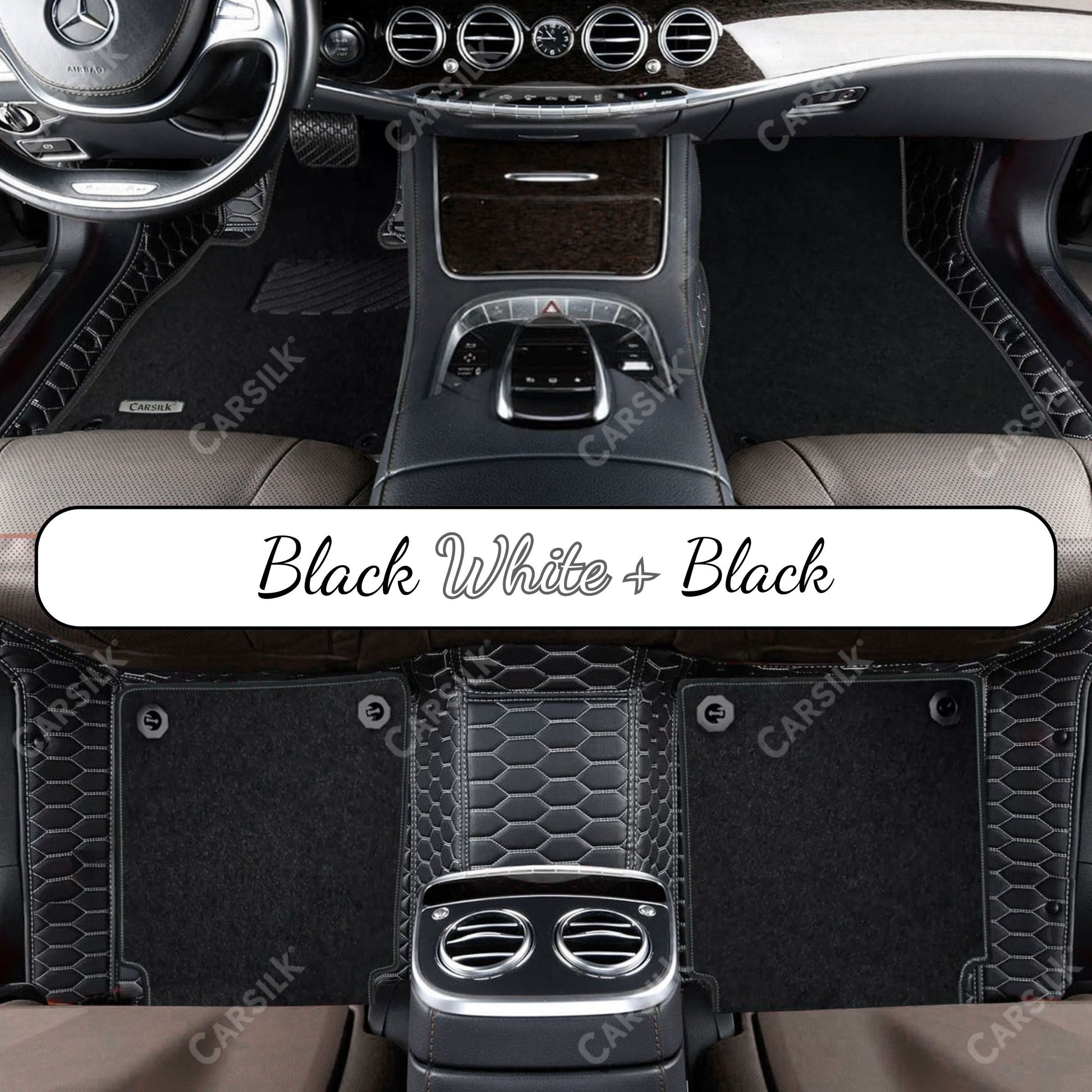 BLACK & WHITE STITCHING HONEYCOMB BASE WITH GRAY TOP CARPET DOUBLE LAYER CAR MAT SET - Carsilks 