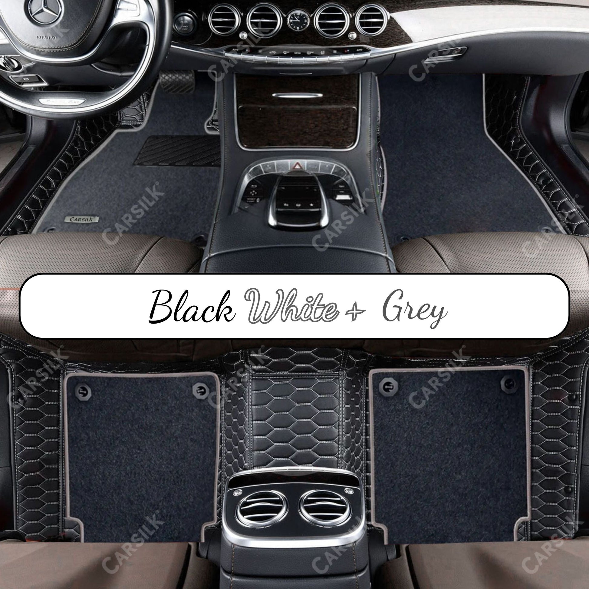 BLACK & WHITE STITCHING HONEYCOMB BASE WITH GRAY TOP CARPET DOUBLE LAYER CAR MAT SET - Carsilks 