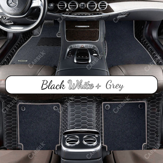 BLACK & WHITE STITCHING HONEYCOMB BASE WITH GRAY TOP CARPET DOUBLE LAYER CAR MAT SET - Carsilks 