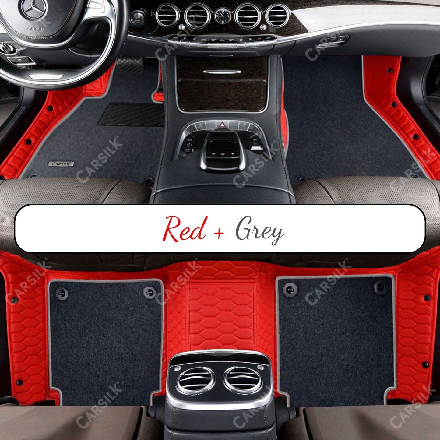 FERRARI RED HONEYCOMB BASE WITH GRAY TOP CARPET DOUBLE LAYER CAR MAT SET - Carsilks 
