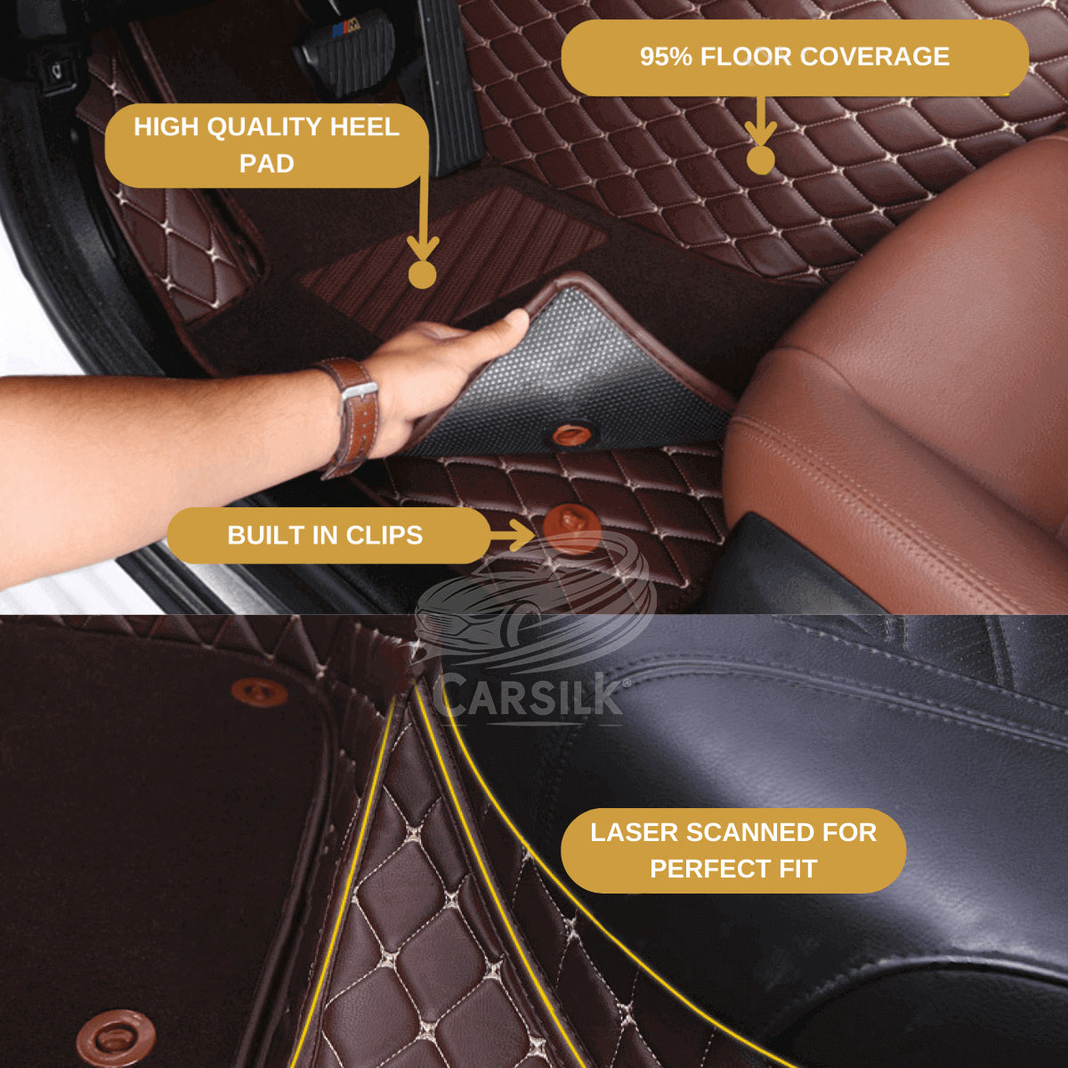 BLACK & BLACK STITCHING DIAMOND BASE WITH BLACK TOP CARPET DOUBLE LAYER CAR MAT SET - Carsilks 