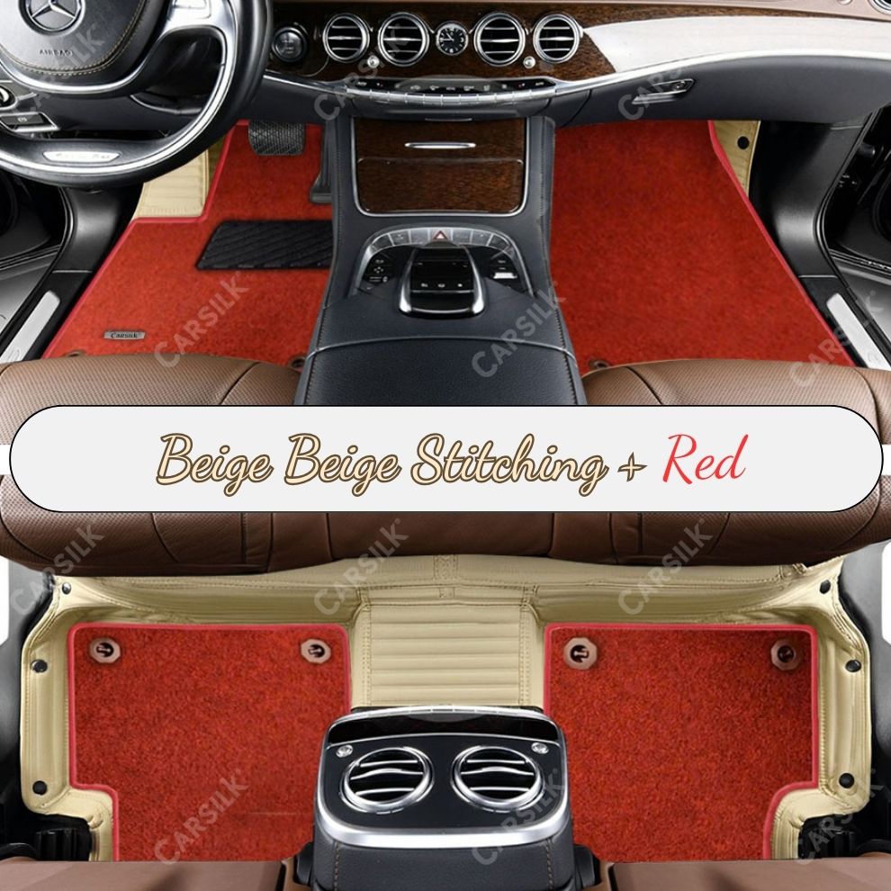 BEIGE STRIPE BASE WITH RED TOP CARPET DOUBLE LAYER CAR MAT SET - Carsilks 