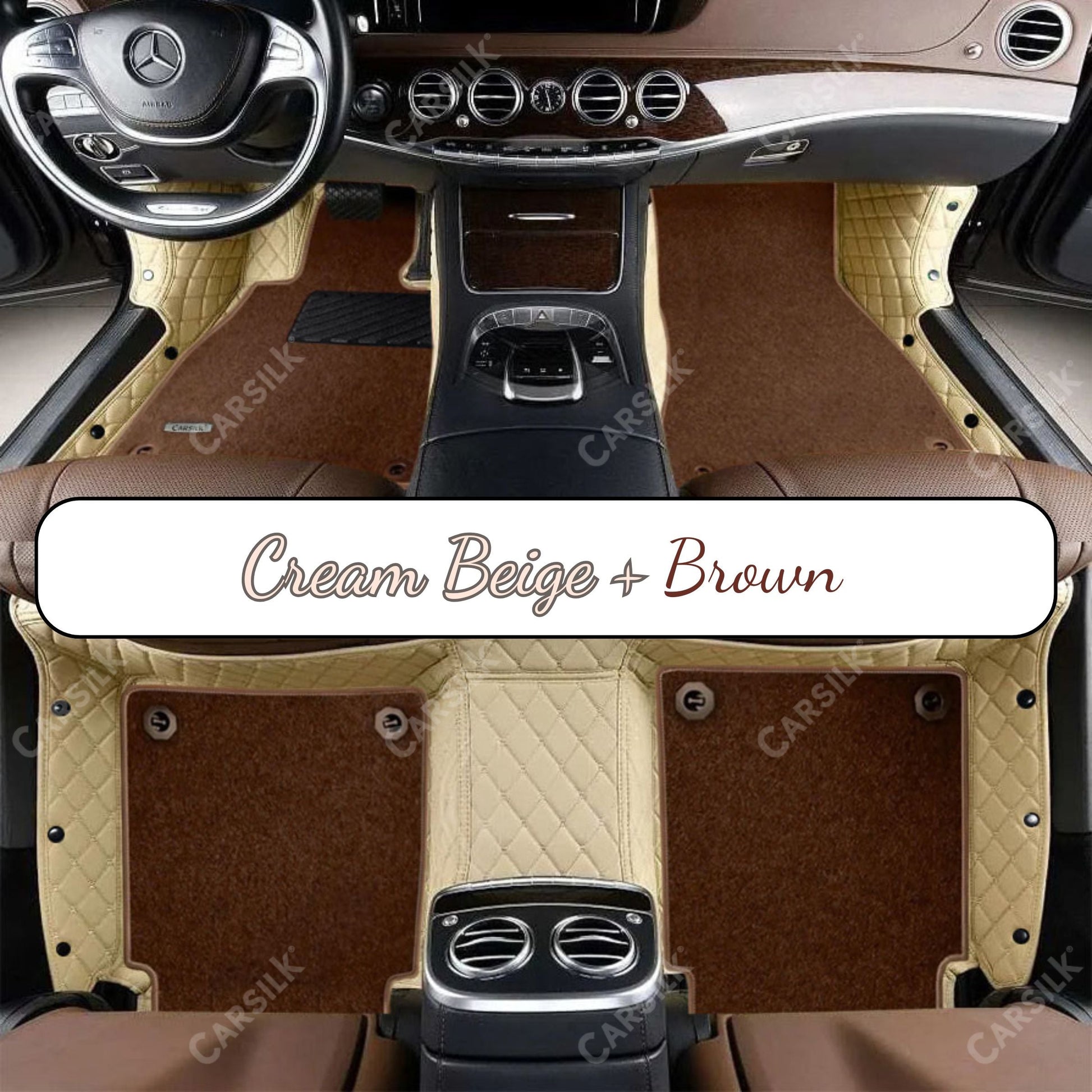CREAM BEIGE DIAMOND BASE WITH BROWN TOP CARPET DOUBLE LAYER CAR MAT SET - Carsilks 