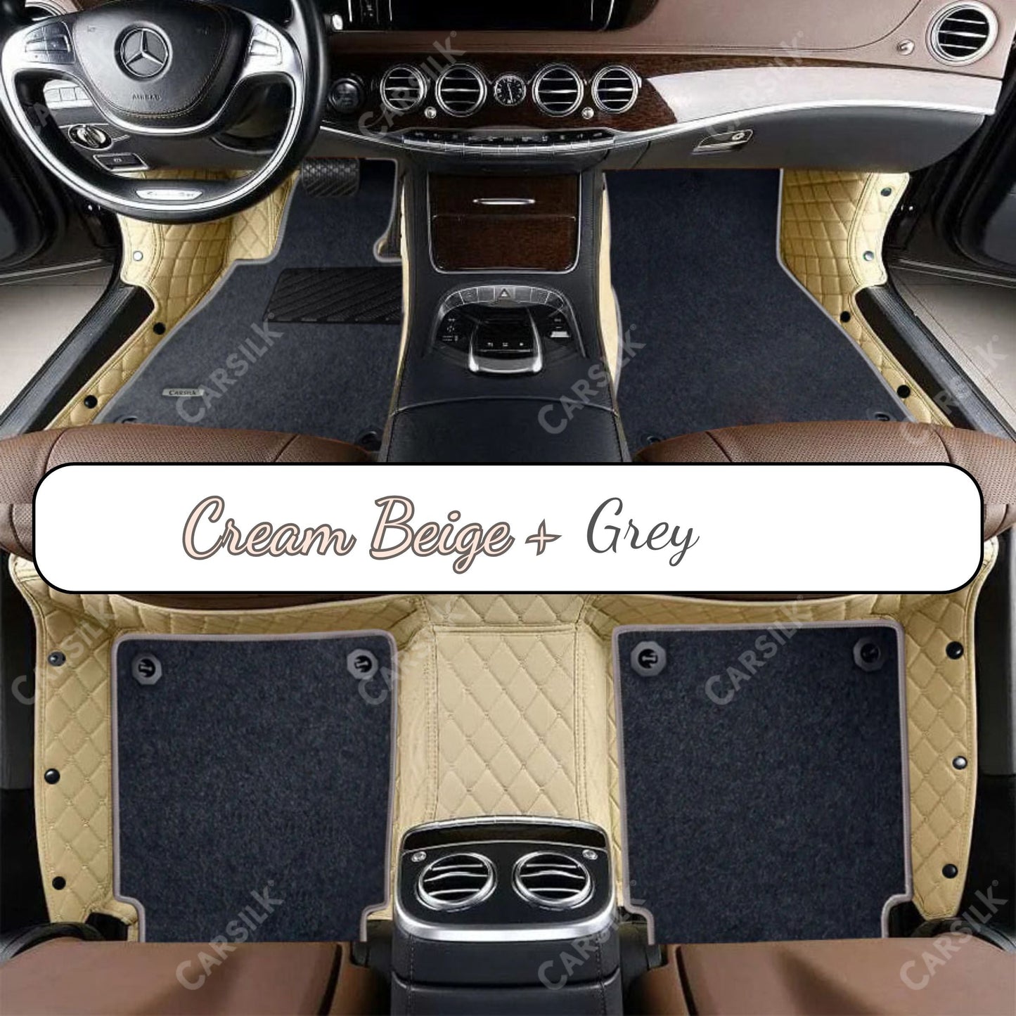 CREAM BEIGE DIAMOND BASE WITH GRAY TOP CARPET DOUBLE LAYER CAR MAT SET - Carsilks 