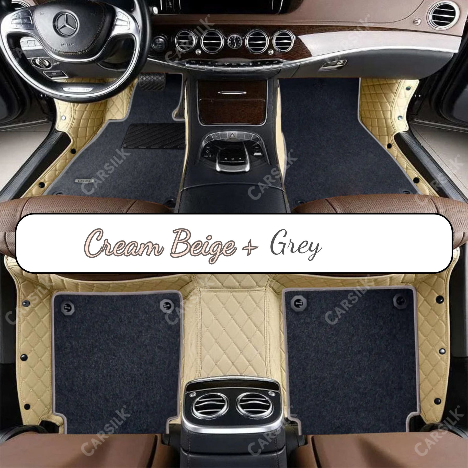 CREAM BEIGE DIAMOND BASE WITH GRAY TOP CARPET DOUBLE LAYER CAR MAT SET - Carsilks 