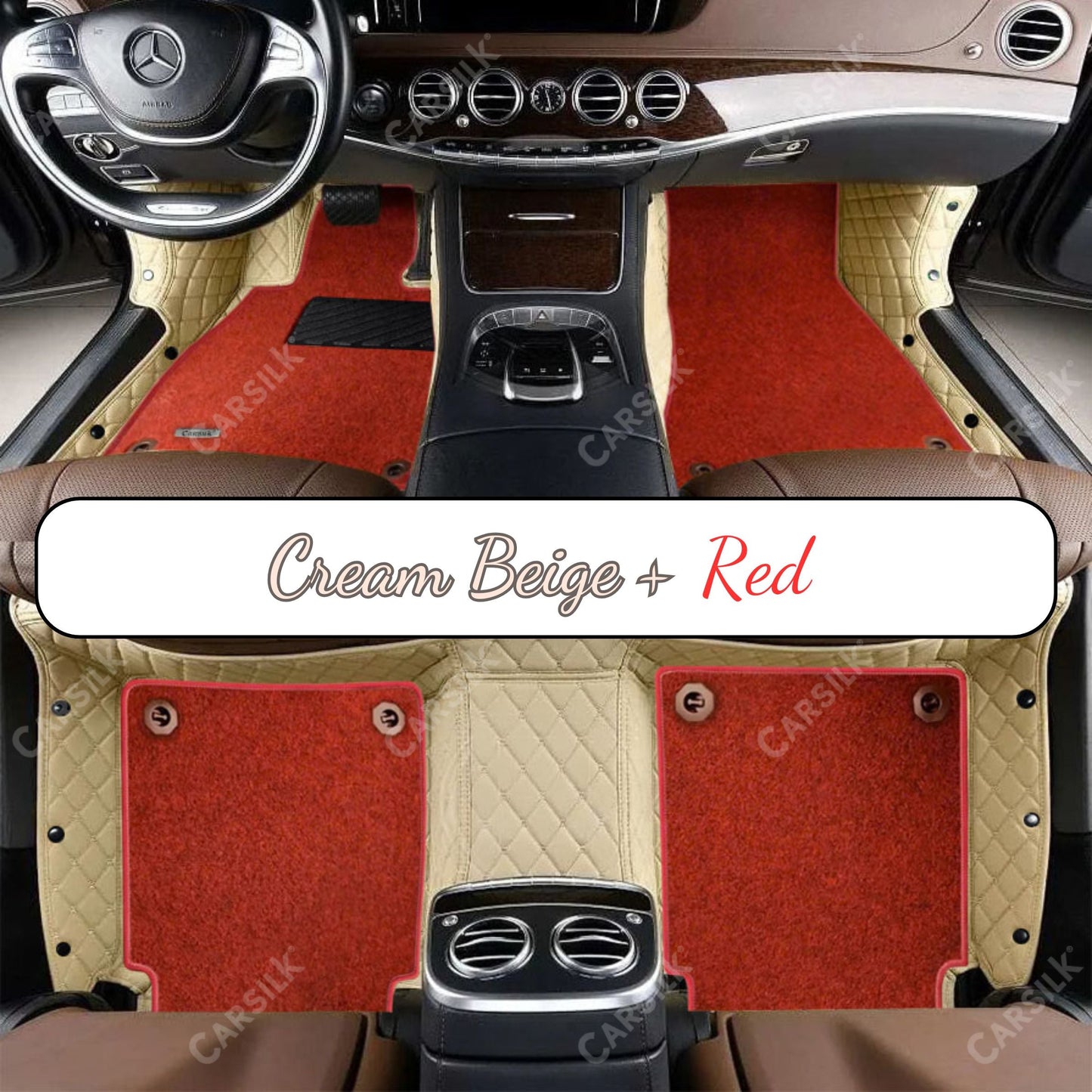 CREAM BEIGE DIAMOND BASE WITH RED TOP CARPET DOUBLE LAYER CAR MAT SET - Carsilks 