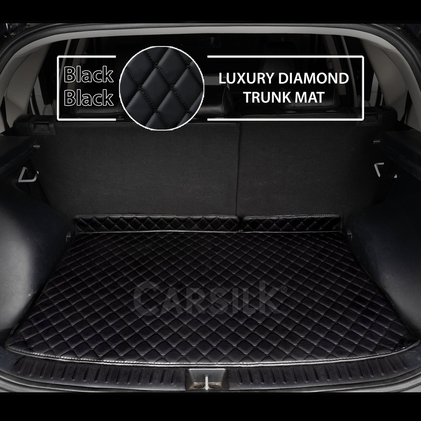 BLACK & BLACK STITCHING DIAMOND LUXURY TRUNK CAR MATS SET - Carsilks 