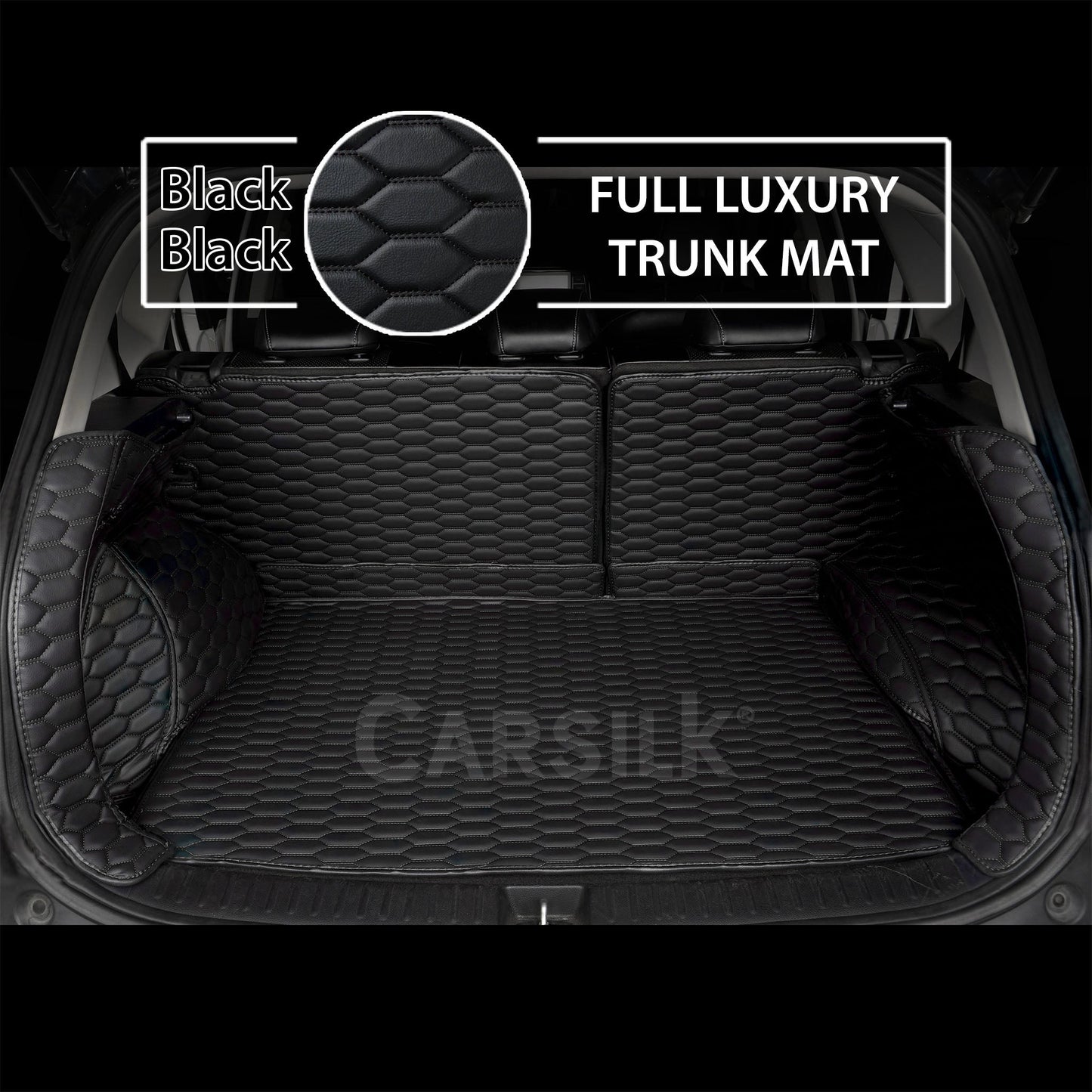 BLACK & BLACK STITCHING 3D HONEY COMB LUXURY TRUNK CAR MATS SET - Carsilks 