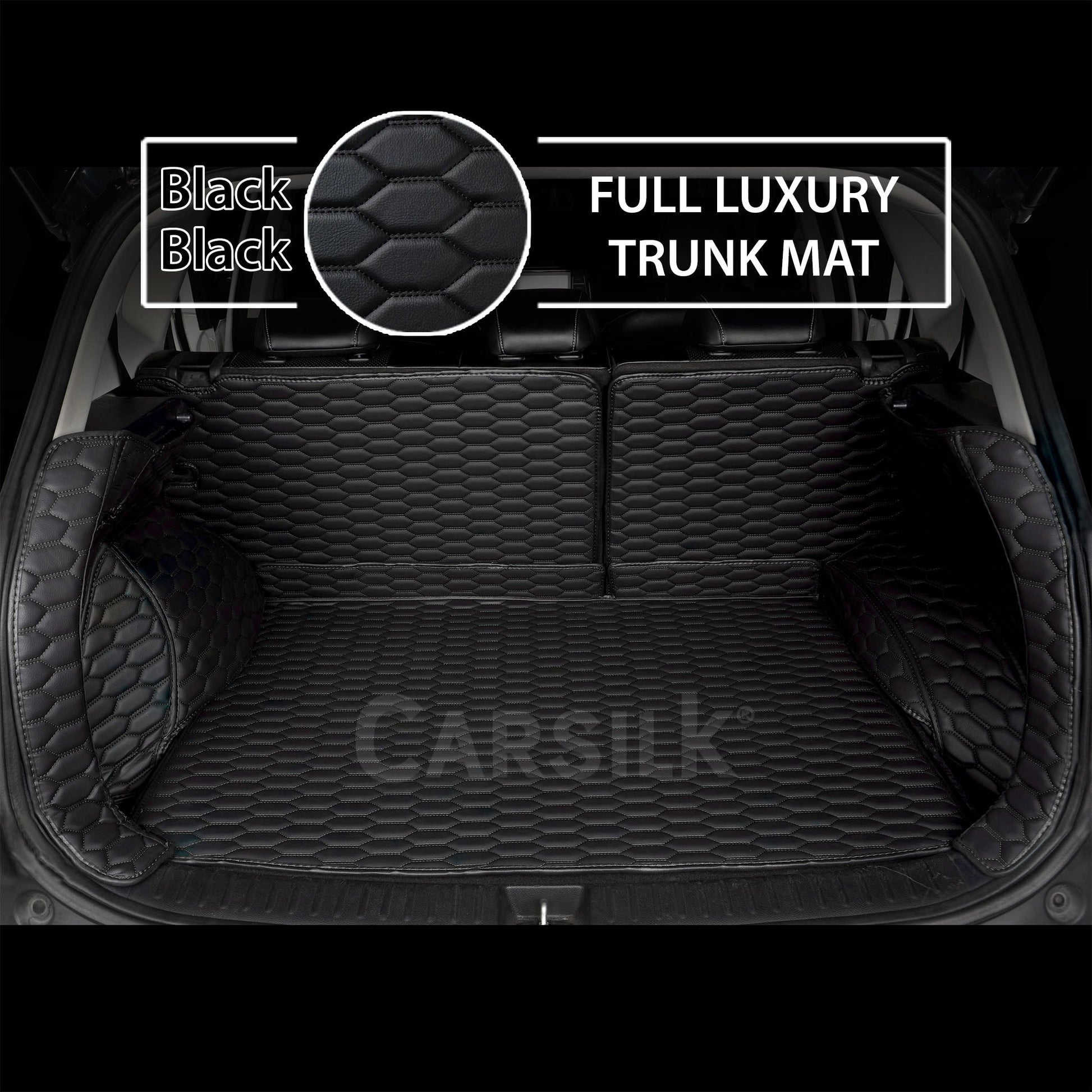 BLACK & BLACK STITCHING 3D HONEY COMB LUXURY TRUNK CAR MATS SET - Carsilks 