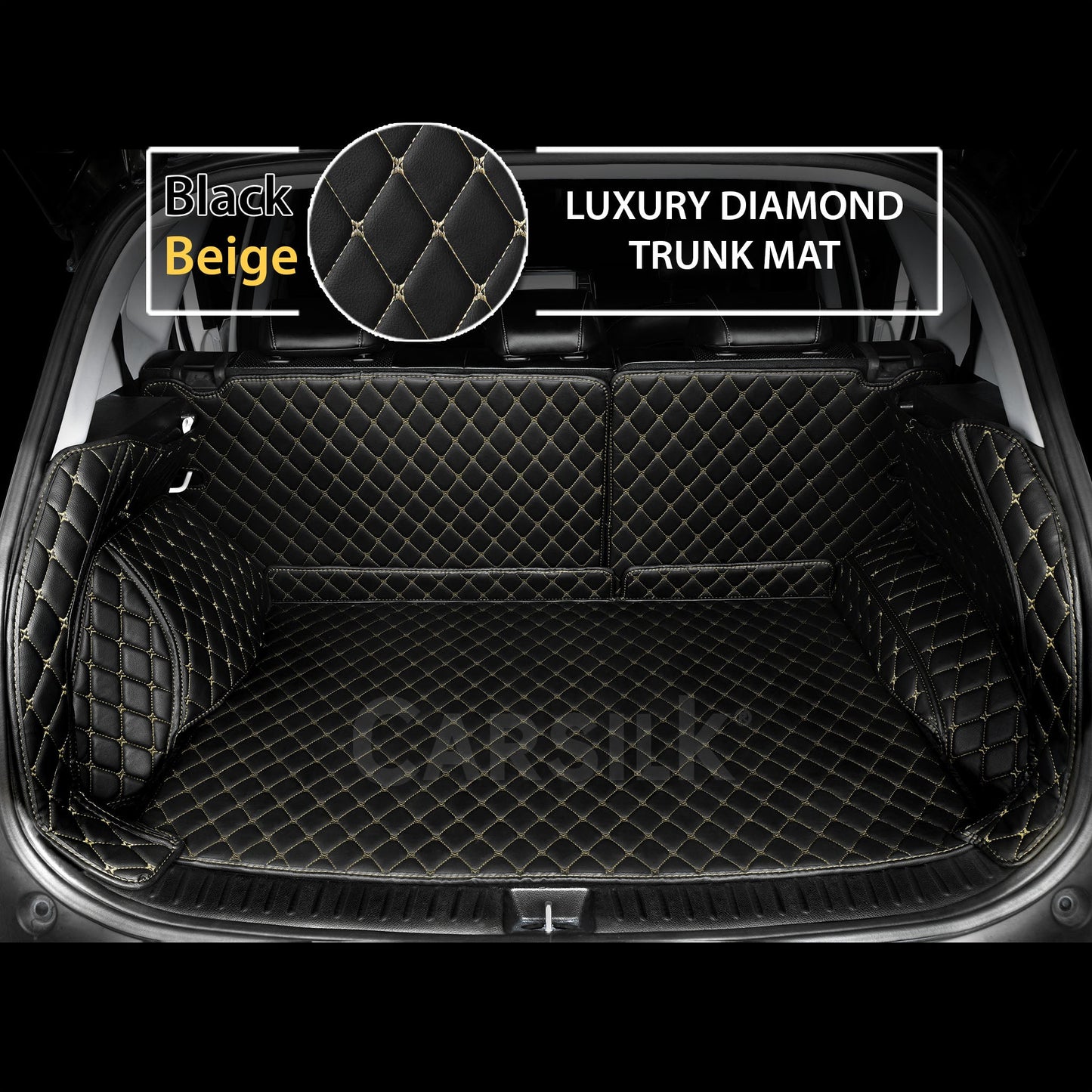 BLACK BEIGE STITCHING 3D DIAMOND LUXURY TRUNK CAR MATS SET - Carsilks 