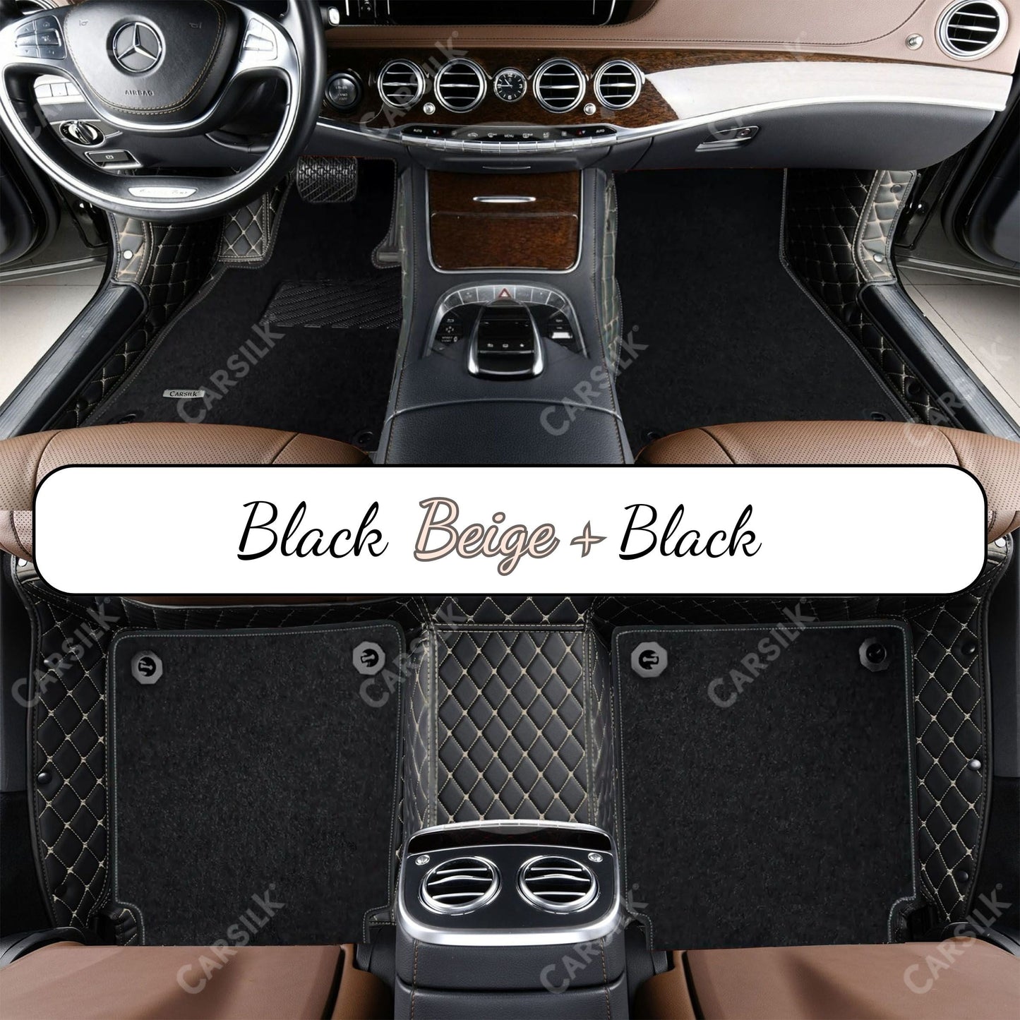 BLACK & BEIGE STITCHING DIAMOND BASE WITH BLACK TOP CARPET DOUBLE LAYER CAR MAT SET - Carsilks 