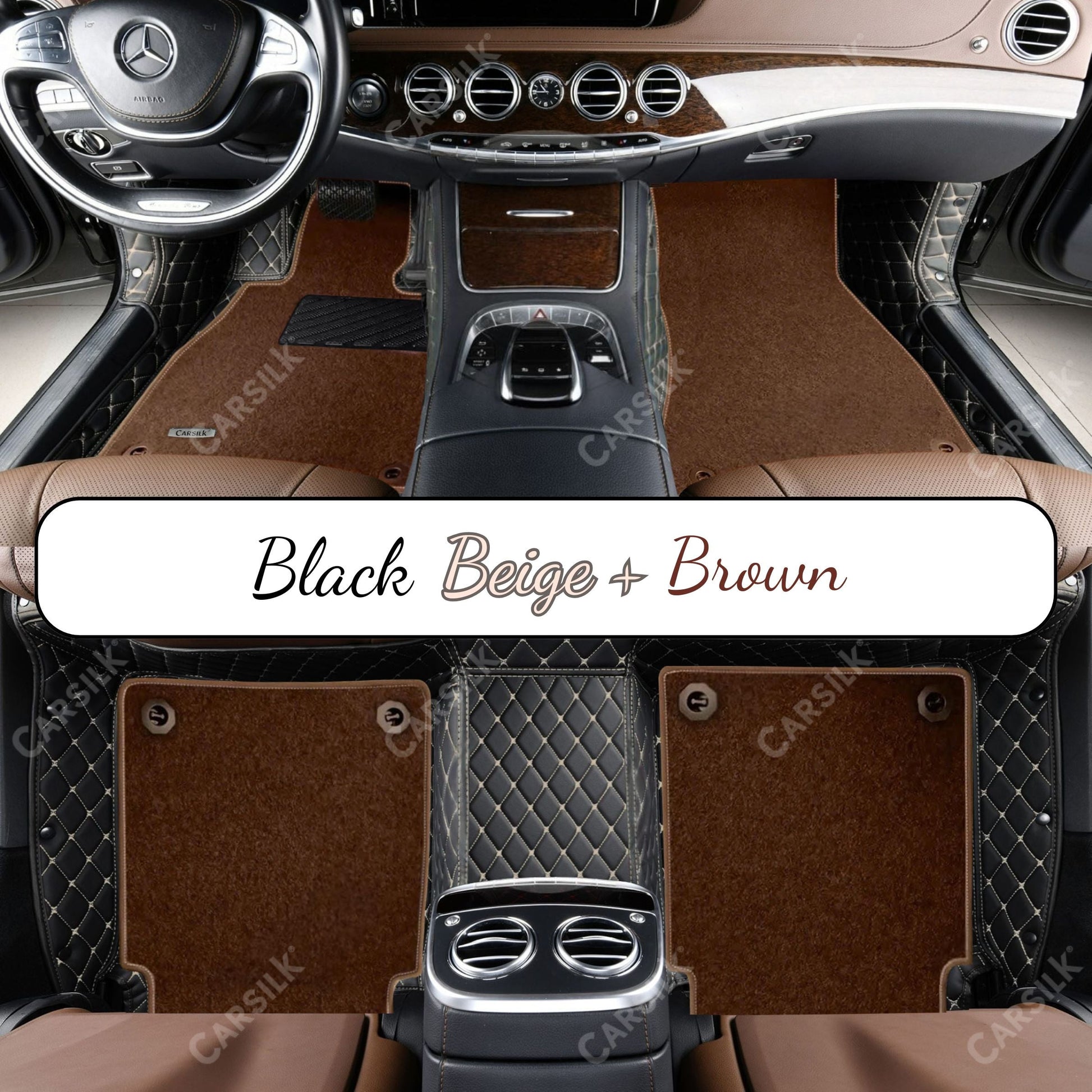 BLACK & BEIGE STITCHING DIAMOND BASE WITH BROWN TOP CARPET DOUBLE LAYER CAR MAT SET - Carsilks 
