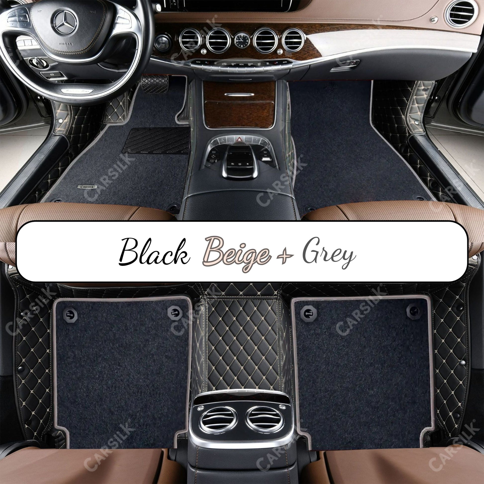 BLACK & BEIGE STITCHING DIAMOND BASE WITH GRAY TOP CARPET DOUBLE LAYER CAR MAT SET - Carsilks 