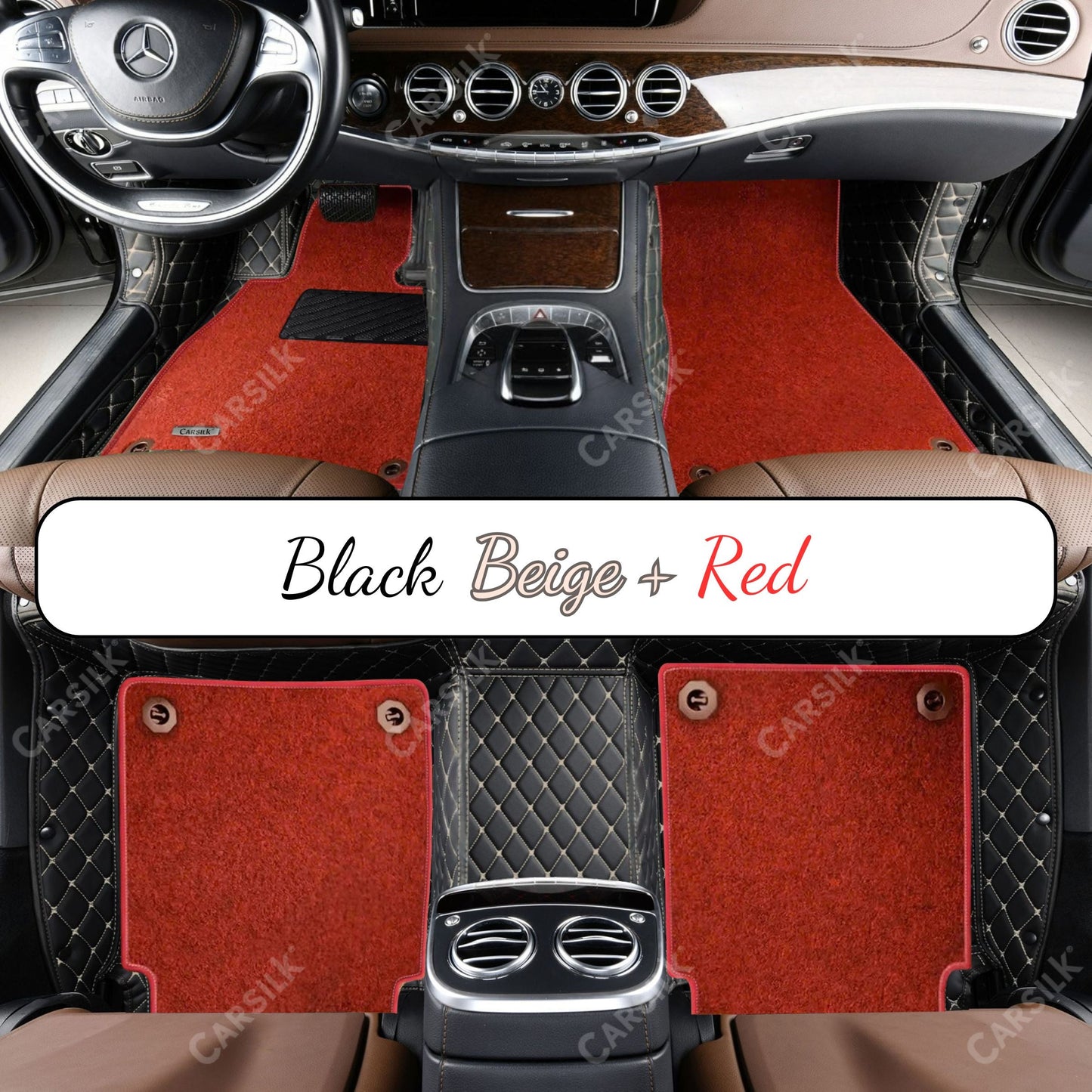 BLACK & BEIGE STITCHING DIAMOND BASE WITH RED TOP CARPET DOUBLE LAYER CAR MAT SET - Carsilks 