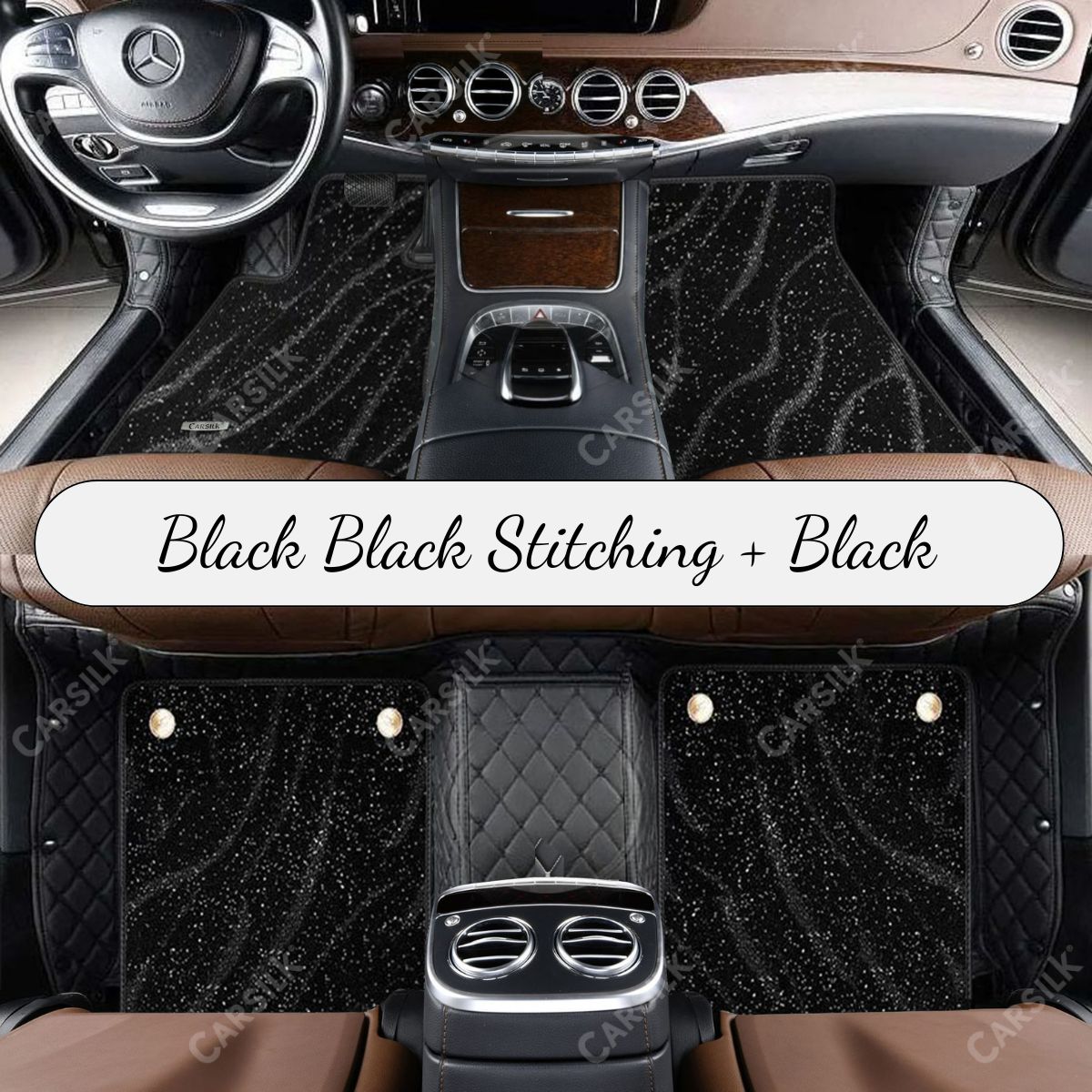 BLACK & BLACK STITCHING DIAMOND BASE WITH BLACK TOP CARPET DOUBLE LAYER GALAXY CAR MAT SET - Carsilks 