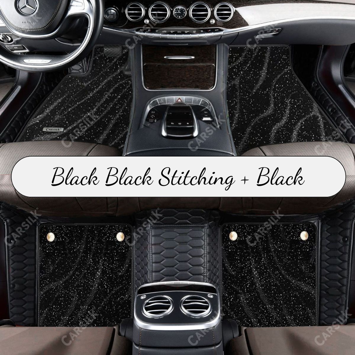BLACK & BLACK STITCHING HONEYCOMB BASE WITH BLACK TOP CARPET DOUBLE LAYER GALAXY CAR MAT SET - Carsilks 