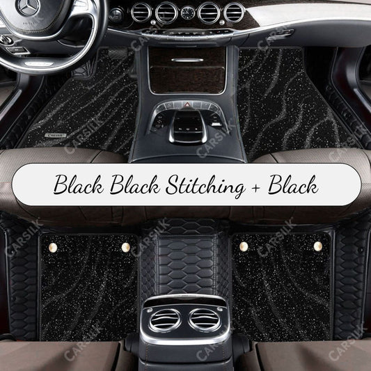 BLACK & BLACK STITCHING HONEYCOMB BASE WITH BLACK TOP CARPET DOUBLE LAYER GALAXY CAR MAT SET - Carsilks 