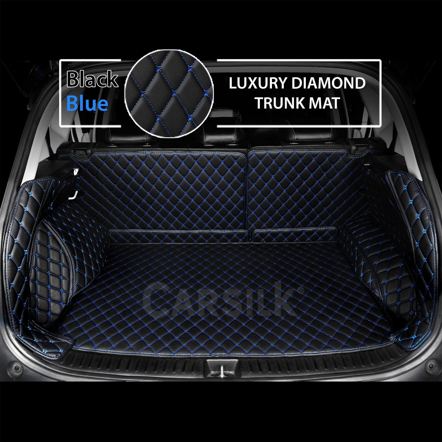 BLACK BLUE STITCHING 3D DIAMOND LUXURY TRUNK CAR MATS SET - Carsilks 