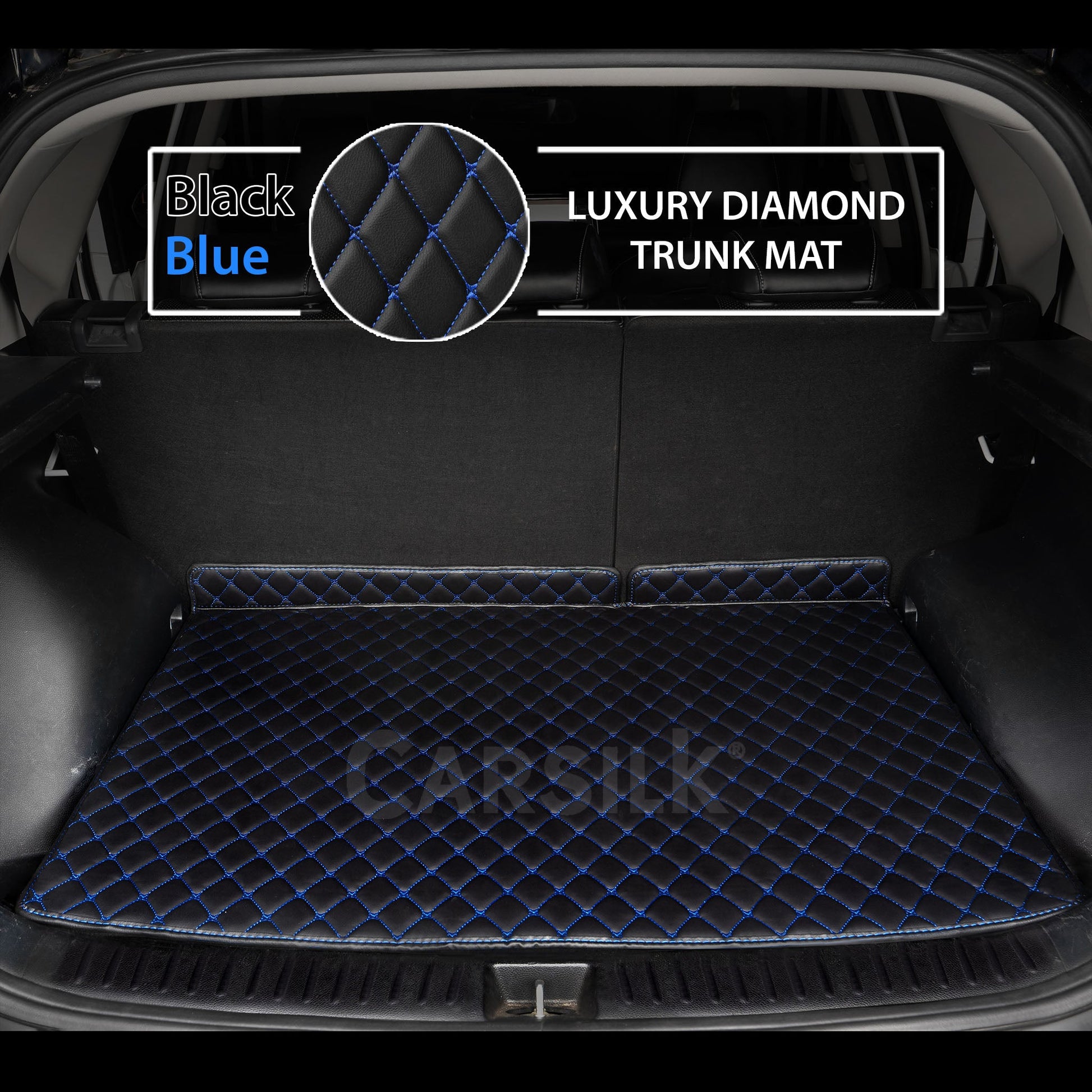BLACK & BLUE STITCHING DIAMOND LUXURY TRUNK CAR MATS SET - Carsilks 