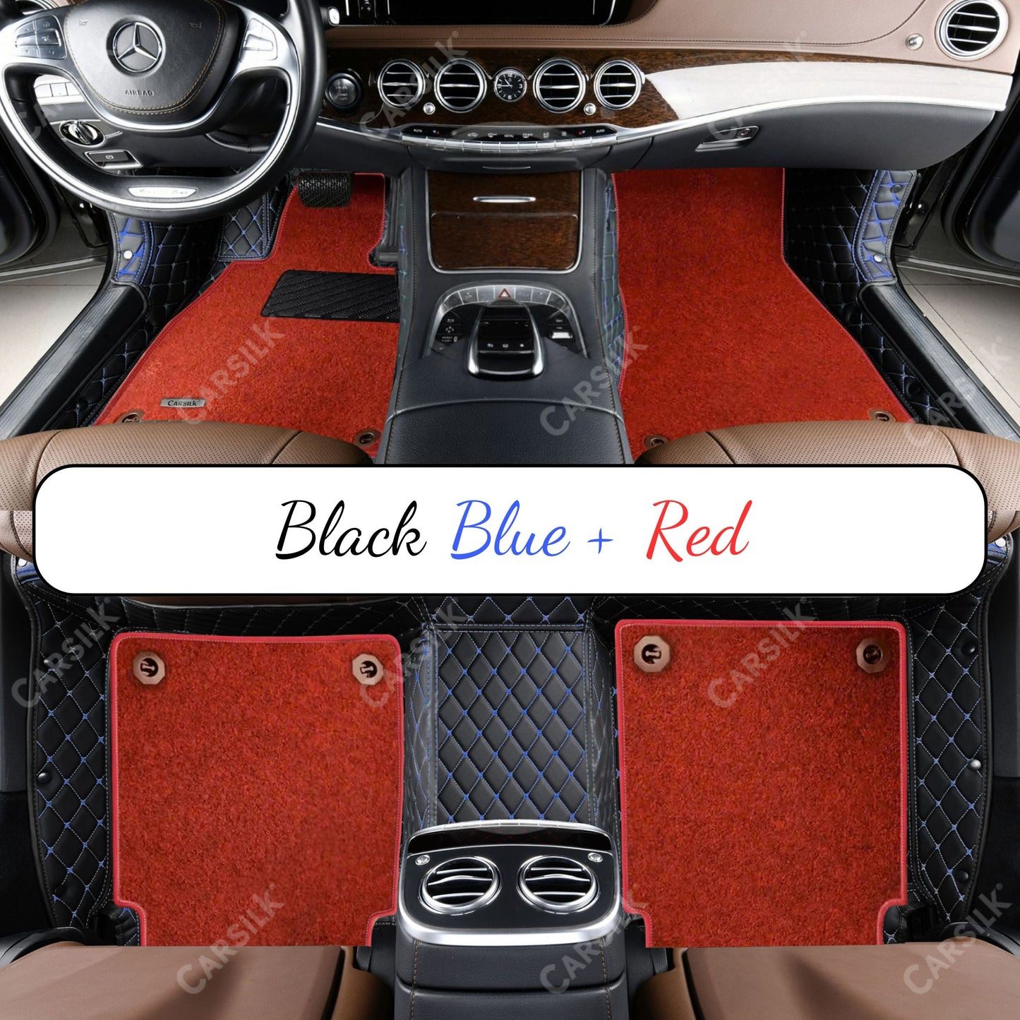 BLACK & BLUE STITCHING DIAMOND BASE WITH RED TOP CARPET DOUBLE LAYER CAR MAT SET - Carsilks 