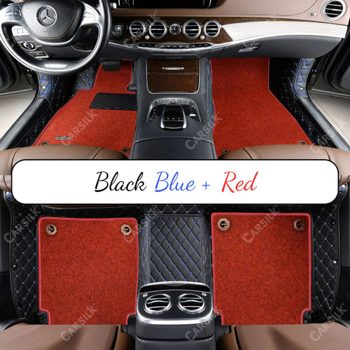 BLACK & BLUE STITCHING DIAMOND BASE WITH RED TOP CARPET DOUBLE LAYER CAR MAT SET - Carsilks 