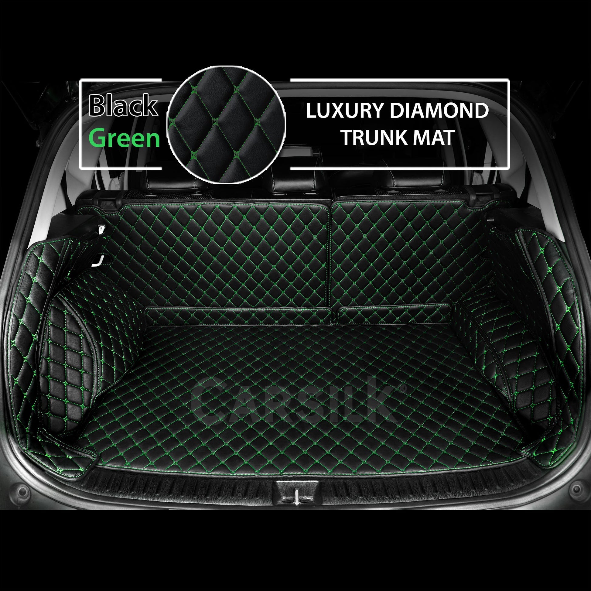 BLACK GREEN STITCHING 3D DIAMOND LUXURY TRUNK CAR MATS SET - Carsilks 