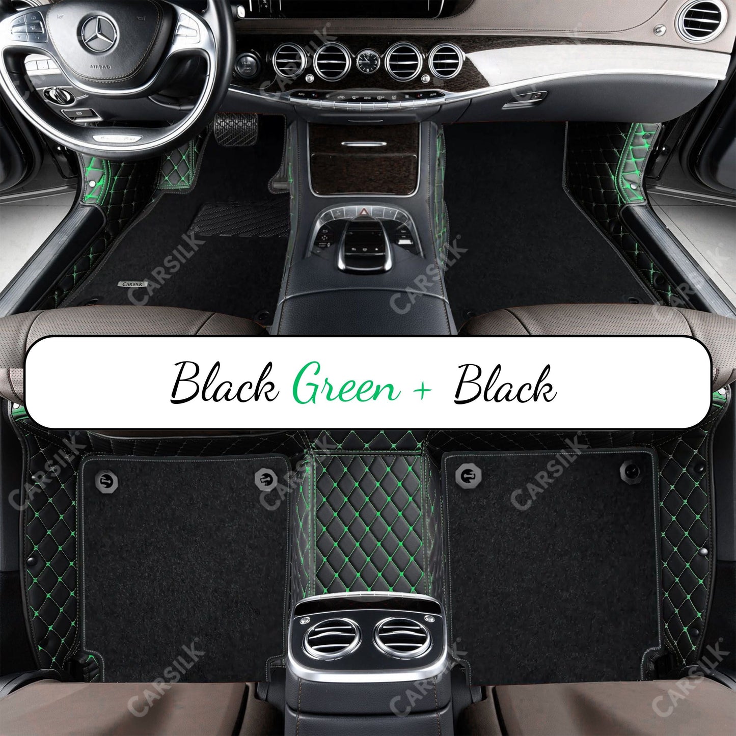 BLACK & GREEN STITCHING DIAMOND BASE WITH BLACK TOP CARPET DOUBLE LAYER CAR MAT SET - Carsilks 