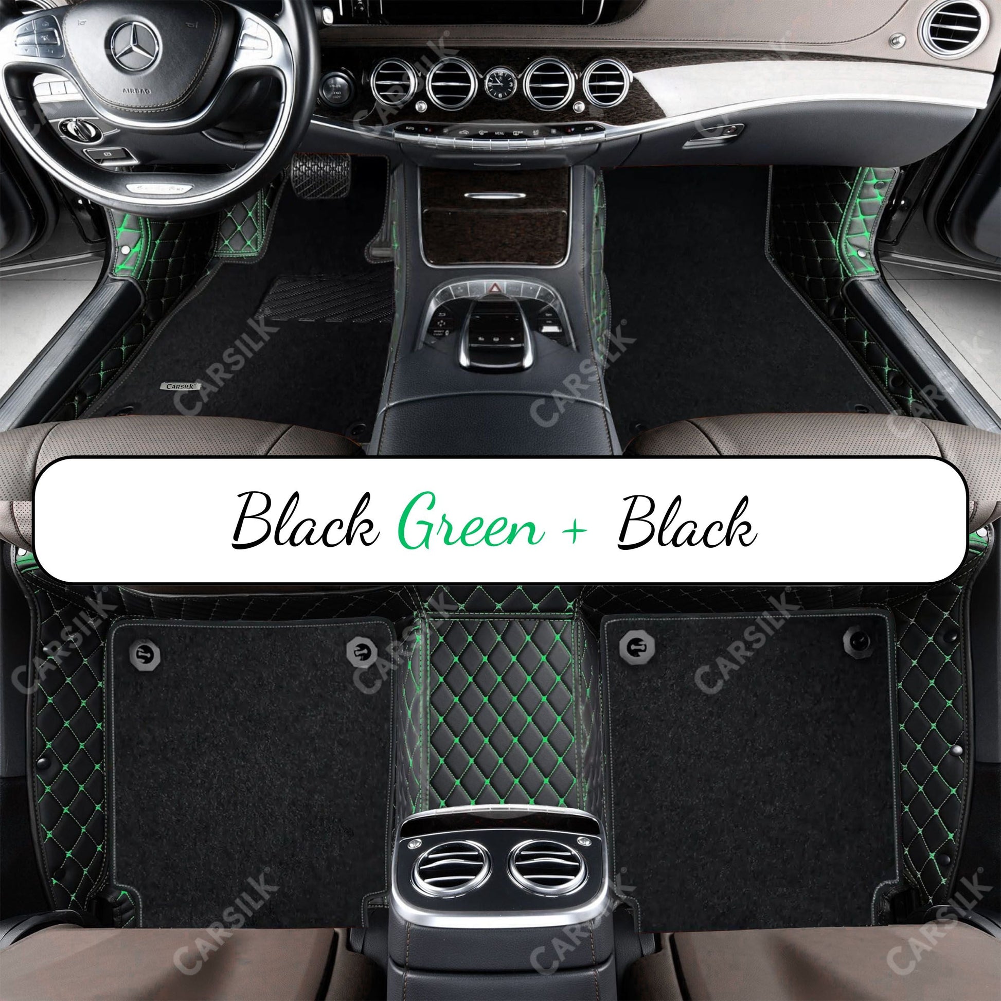 BLACK & GREEN STITCHING DIAMOND BASE WITH BLACK TOP CARPET DOUBLE LAYER CAR MAT SET - Carsilks 